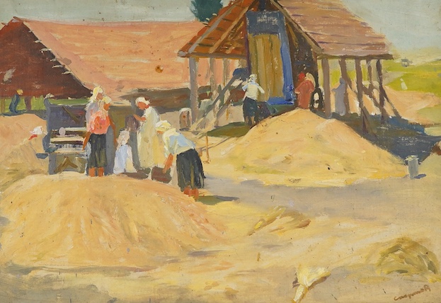 Boris Spornikov (Ukrainian, 1930-2005), Rural scene with figures at work, signed, oil on board, 34 x 49cm